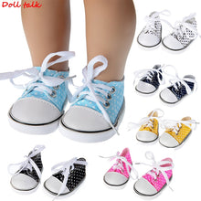Load image into Gallery viewer, Doll Shoes For 43 cm Baby Doll Spotted Lace 7cm Canvas Denim Sneakers Shoes For American Doll Fit Russian handmade Doll Toy
