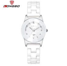 Load image into Gallery viewer, LONGBO Luxury Brand Rhinestone Business Casual Men Fashion Clock Leisure Water Resistant Women Dress White Ceramic Quartz Watch