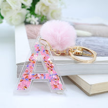 Load image into Gallery viewer, 1PC Women Keychains 26 Glitter Hollowed-out Words Handbag English Letter Keyring with Puffer Ball Charms