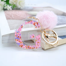 Load image into Gallery viewer, 1PC Women Keychains 26 Glitter Hollowed-out Words Handbag English Letter Keyring with Puffer Ball Charms