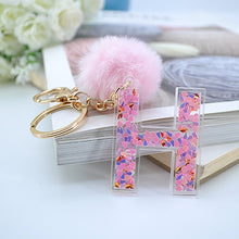Load image into Gallery viewer, 1PC Women Keychains 26 Glitter Hollowed-out Words Handbag English Letter Keyring with Puffer Ball Charms