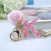Load image into Gallery viewer, 1PC Women Keychains 26 Glitter Hollowed-out Words Handbag English Letter Keyring with Puffer Ball Charms