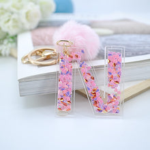 Load image into Gallery viewer, 1PC Women Keychains 26 Glitter Hollowed-out Words Handbag English Letter Keyring with Puffer Ball Charms