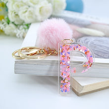 Load image into Gallery viewer, 1PC Women Keychains 26 Glitter Hollowed-out Words Handbag English Letter Keyring with Puffer Ball Charms