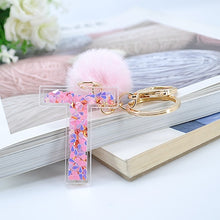 Load image into Gallery viewer, 1PC Women Keychains 26 Glitter Hollowed-out Words Handbag English Letter Keyring with Puffer Ball Charms