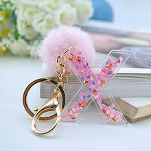 Load image into Gallery viewer, 1PC Women Keychains 26 Glitter Hollowed-out Words Handbag English Letter Keyring with Puffer Ball Charms