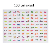 Load image into Gallery viewer, 100 Pairs Women Acrylic Crystal Small Stud Earrings Sets Girl Child Heart Star Animal Moon Crown Earring Jewelry