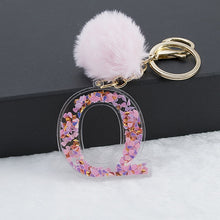 Load image into Gallery viewer, 1PC Women Keychains 26 Glitter Hollowed-out Words Handbag English Letter Keyring with Puffer Ball Charms