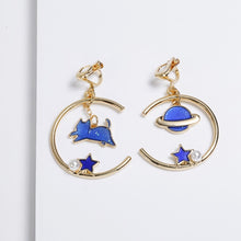 Load image into Gallery viewer, Korea Style Asymmetrical Fresh Enamel blue Star Moon Planet Circle Clip on Earrings Non Pierced For Girl Women Party Gift