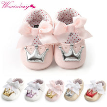 Load image into Gallery viewer, Baby Shoes Newborn PU Bow Cute Crown Non-slip Soft Bottom Baby Girl Shoes First Walker Fashion Princess Shoes