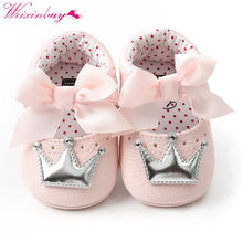 Load image into Gallery viewer, Baby Shoes Newborn PU Bow Cute Crown Non-slip Soft Bottom Baby Girl Shoes First Walker Fashion Princess Shoes