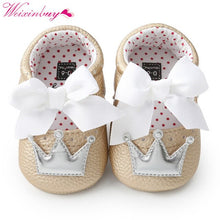 Load image into Gallery viewer, Baby Shoes Newborn PU Bow Cute Crown Non-slip Soft Bottom Baby Girl Shoes First Walker Fashion Princess Shoes