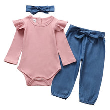 Load image into Gallery viewer, 3Pcs Newborn Baby Girl Clothes Set Fashion Autumn Long Sleeve Solid Color Romper Tops Pants Headband Infant Clothing Outfits