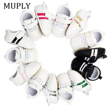 Load image into Gallery viewer, Baby Shoes Pu Leather Shoes Sports Sneakers Newborn Baby Boys Girls Stripe Pattern Shoes Infant Toddler Soft Anti-slip Shoes