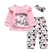 Load image into Gallery viewer, 3Pcs Newborn Baby Girl Clothes Set Fashion Autumn Cotton Letter T-shirt Pants Headband Fall Toddler Infant Outfits Clothing Suit