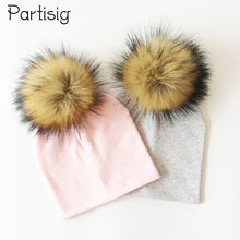 Load image into Gallery viewer, Autumn Winter Boy Girl Faux Raccoon Fur Cotton Kids Caps Baby Beanie Hats With Pompon Children's Accessories