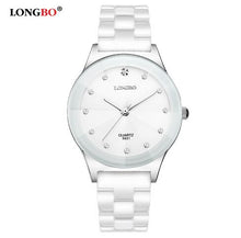 Load image into Gallery viewer, LONGBO Luxury Brand Rhinestone Business Casual Men Fashion Clock Leisure Water Resistant Women Dress White Ceramic Quartz Watch