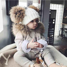 Load image into Gallery viewer, children's winter toddler baby kids faux fur hat cap beanie with 2 two double pom poms pompom ears  funny hat for boys and girls

