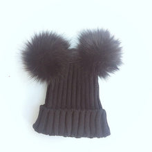 Load image into Gallery viewer, children's winter toddler baby kids faux fur hat cap beanie with 2 two double pom poms pompom ears  funny hat for boys and girls
