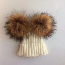 Load image into Gallery viewer, children's winter toddler baby kids faux fur hat cap beanie with 2 two double pom poms pompom ears  funny hat for boys and girls
