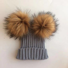 Load image into Gallery viewer, children's winter toddler baby kids faux fur hat cap beanie with 2 two double pom poms pompom ears  funny hat for boys and girls

