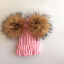 Load image into Gallery viewer, children's winter toddler baby kids faux fur hat cap beanie with 2 two double pom poms pompom ears  funny hat for boys and girls
