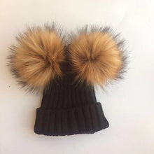 Load image into Gallery viewer, children's winter toddler baby kids faux fur hat cap beanie with 2 two double pom poms pompom ears  funny hat for boys and girls
