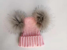 Load image into Gallery viewer, children's winter toddler baby kids faux fur hat cap beanie with 2 two double pom poms pompom ears  funny hat for boys and girls
