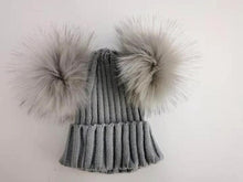 Load image into Gallery viewer, children's winter toddler baby kids faux fur hat cap beanie with 2 two double pom poms pompom ears  funny hat for boys and girls
