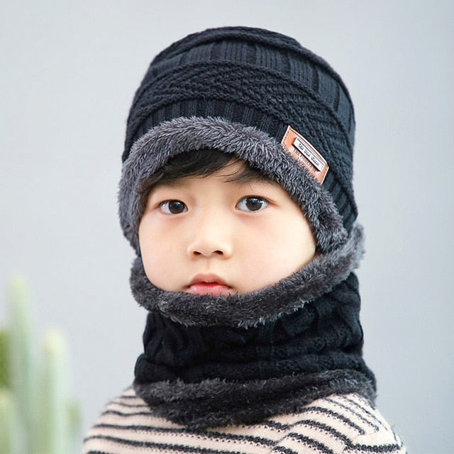 2019 New Winter Children Knitted Hat Ring Scarf Sets Kids Warm Baby Plus Velvet Thick Soft Cap Boys Girls Fleece Lining Beanies