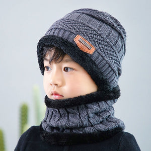 2019 New Winter Children Knitted Hat Ring Scarf Sets Kids Warm Baby Plus Velvet Thick Soft Cap Boys Girls Fleece Lining Beanies