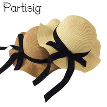 Load image into Gallery viewer, Girls Summer Cap Black Ribbon Decorate Wavy Straw Hat For Girls Children Panama Hat Kids Sun Cap Baby Beach Hats
