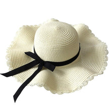 Load image into Gallery viewer, Girls Summer Cap Black Ribbon Decorate Wavy Straw Hat For Girls Children Panama Hat Kids Sun Cap Baby Beach Hats
