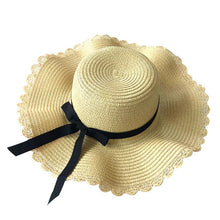 Load image into Gallery viewer, Girls Summer Cap Black Ribbon Decorate Wavy Straw Hat For Girls Children Panama Hat Kids Sun Cap Baby Beach Hats
