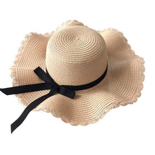 Load image into Gallery viewer, Girls Summer Cap Black Ribbon Decorate Wavy Straw Hat For Girls Children Panama Hat Kids Sun Cap Baby Beach Hats
