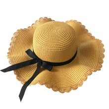 Load image into Gallery viewer, Girls Summer Cap Black Ribbon Decorate Wavy Straw Hat For Girls Children Panama Hat Kids Sun Cap Baby Beach Hats
