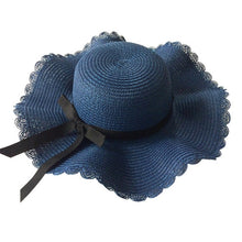 Load image into Gallery viewer, Girls Summer Cap Black Ribbon Decorate Wavy Straw Hat For Girls Children Panama Hat Kids Sun Cap Baby Beach Hats
