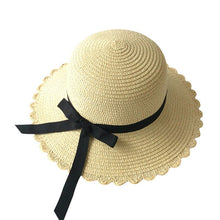Load image into Gallery viewer, Girls Summer Cap Black Ribbon Decorate Wavy Straw Hat For Girls Children Panama Hat Kids Sun Cap Baby Beach Hats
