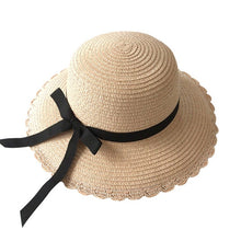 Load image into Gallery viewer, Girls Summer Cap Black Ribbon Decorate Wavy Straw Hat For Girls Children Panama Hat Kids Sun Cap Baby Beach Hats
