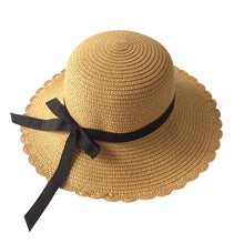 Load image into Gallery viewer, Girls Summer Cap Black Ribbon Decorate Wavy Straw Hat For Girls Children Panama Hat Kids Sun Cap Baby Beach Hats
