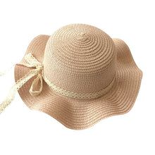 Load image into Gallery viewer, Girls Summer Cap Black Ribbon Decorate Wavy Straw Hat For Girls Children Panama Hat Kids Sun Cap Baby Beach Hats
