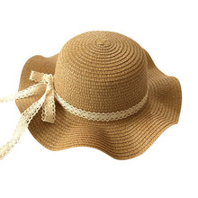 Load image into Gallery viewer, Girls Summer Cap Black Ribbon Decorate Wavy Straw Hat For Girls Children Panama Hat Kids Sun Cap Baby Beach Hats
