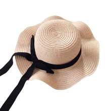 Load image into Gallery viewer, Girls Summer Cap Black Ribbon Decorate Wavy Straw Hat For Girls Children Panama Hat Kids Sun Cap Baby Beach Hats
