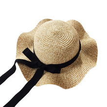Load image into Gallery viewer, Girls Summer Cap Black Ribbon Decorate Wavy Straw Hat For Girls Children Panama Hat Kids Sun Cap Baby Beach Hats
