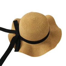Load image into Gallery viewer, Girls Summer Cap Black Ribbon Decorate Wavy Straw Hat For Girls Children Panama Hat Kids Sun Cap Baby Beach Hats
