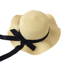 Load image into Gallery viewer, Girls Summer Cap Black Ribbon Decorate Wavy Straw Hat For Girls Children Panama Hat Kids Sun Cap Baby Beach Hats
