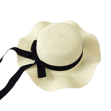 Load image into Gallery viewer, Girls Summer Cap Black Ribbon Decorate Wavy Straw Hat For Girls Children Panama Hat Kids Sun Cap Baby Beach Hats
