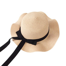 Load image into Gallery viewer, Girls Summer Cap Black Ribbon Decorate Wavy Straw Hat For Girls Children Panama Hat Kids Sun Cap Baby Beach Hats
