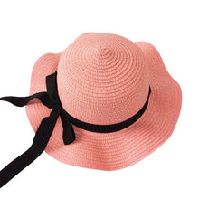 Load image into Gallery viewer, Girls Summer Cap Black Ribbon Decorate Wavy Straw Hat For Girls Children Panama Hat Kids Sun Cap Baby Beach Hats
