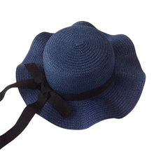 Load image into Gallery viewer, Girls Summer Cap Black Ribbon Decorate Wavy Straw Hat For Girls Children Panama Hat Kids Sun Cap Baby Beach Hats
